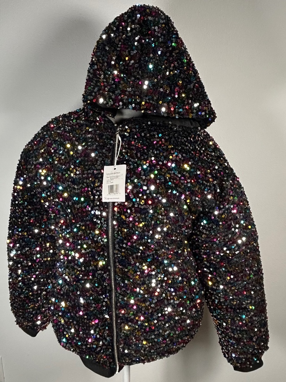Lola+The Boys Rainbow Sequin Hooded Puffer Jacket Zip Up Black Women's M-NWT